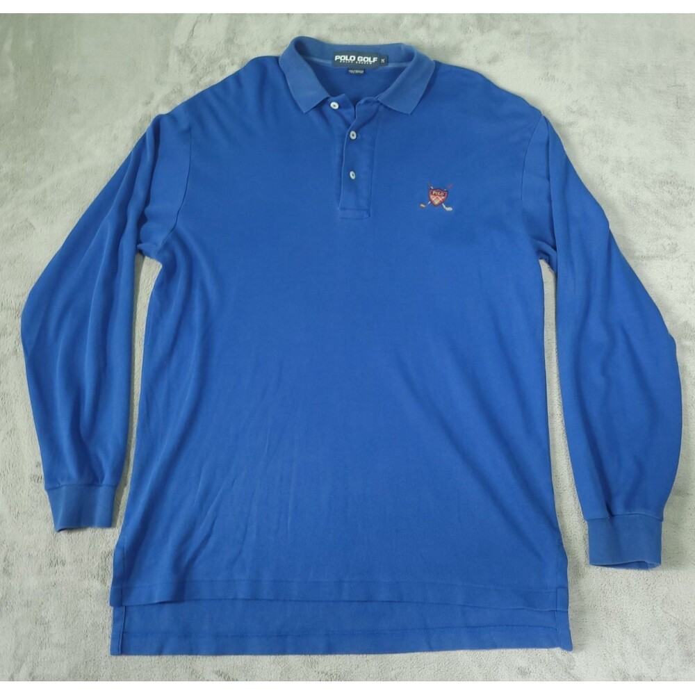 Polo Golf Ralph Lauren Shirt Mens Medium Blue Long Sleeve Collar Shield Crest